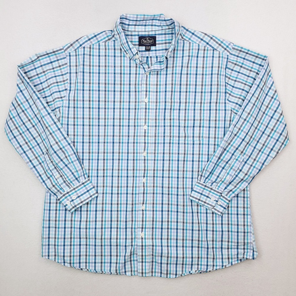 Nat Nast Shirt Mens 2XLB Mens Blue Check Plaid Button Down Regular Fit Colorful
